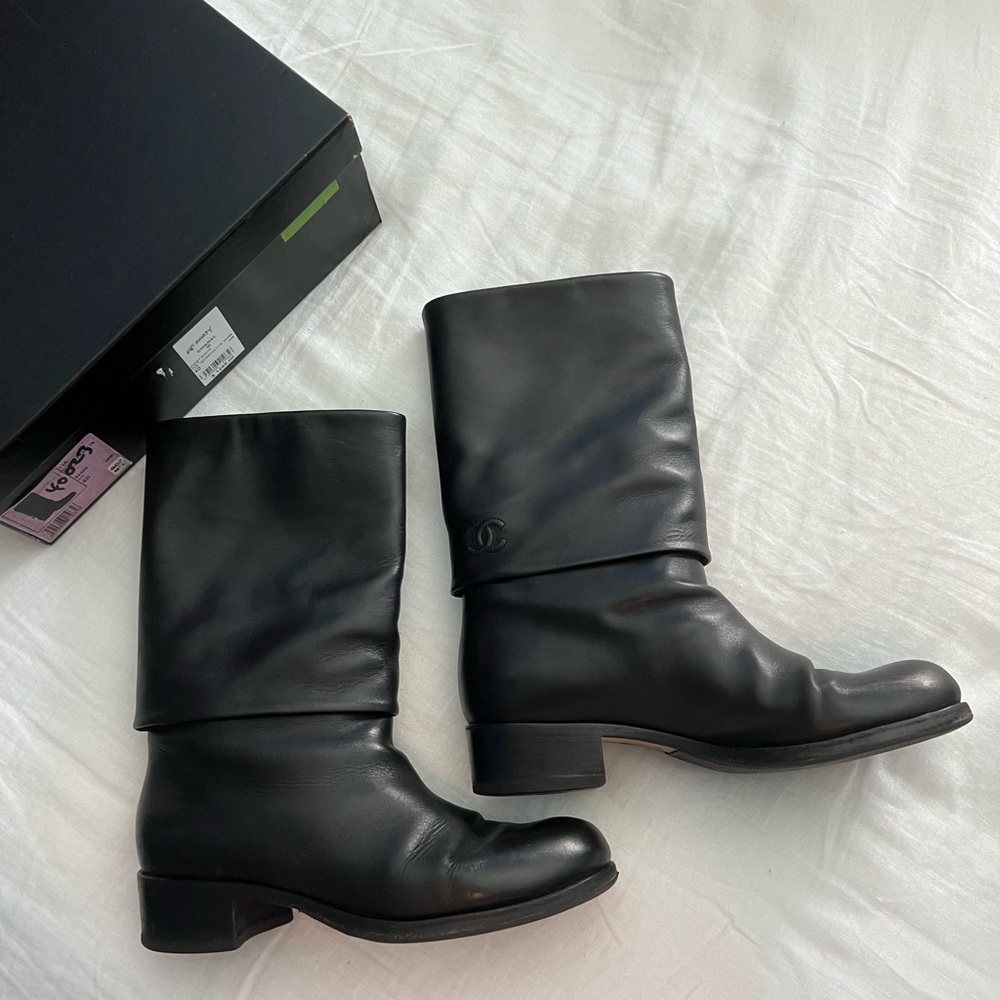 CHANEL Black Leather Mid-Calf Fold-Over Ankle Boots